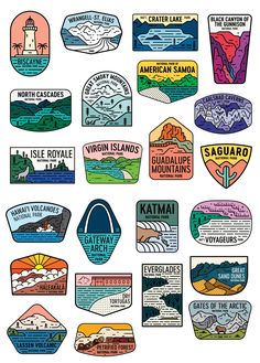 several different badges with the names of various places in them, including lighthouses and mountains