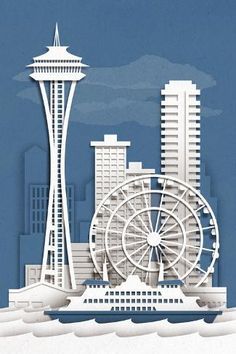 a paper cut out of a ferris wheel and the space needle in seattle, usa