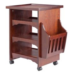 a wooden book shelf with wheels on the front and bottom shelves, attached to each other