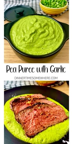 pea puree with garlic and steak in a skillet