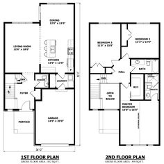 two story house plans with 2 bedroom and 1 bath in the first floor, second floor plan