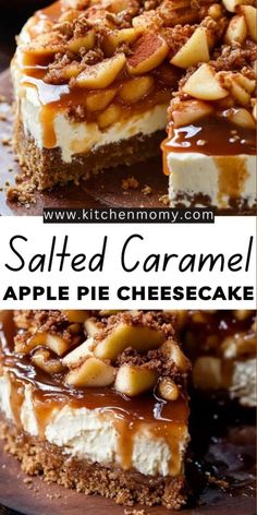 salted caramel apple pie cheesecake is cut into slices and served on a wooden platter