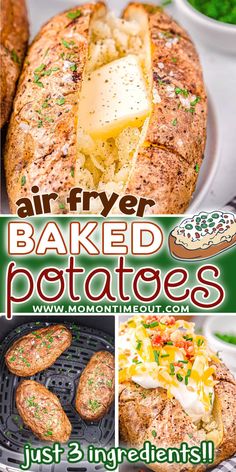 an advertisement for air fryer baked potatoes with pictures of different types of food on it