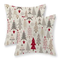 two pillows with christmas trees on them, one is red and the other is grey