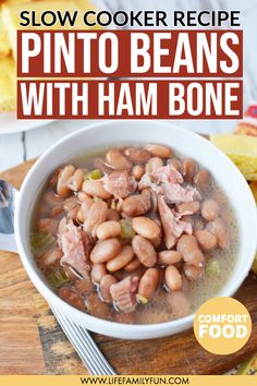 a white bowl filled with ham and bean soup