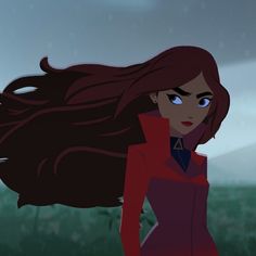 an animated image of a woman with long red hair and blue eyes, standing in the grass