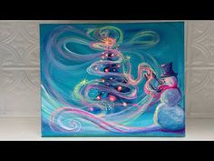 a painting of a snowman and a christmas tree on a blue background with swirls