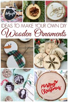 christmas ornaments made from wooden slices and other items