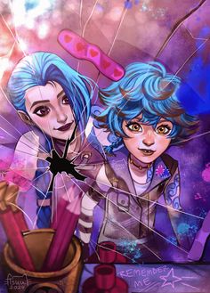 two cartoon characters with blue hair and makeup