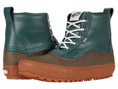 Vans Standard Mid MTE - Boots : Jungle Green/Gum : Practical, packable, and wear-at-the-bar-able, the new Standard Mid MTE is a downsized version of Vans' best-selling Standard MTE snow boot. With a waterproof vulcanized lower, waterproof seam-sealed construction, a Standard MTE snow boot outsole, and a 100-gram insulation package for warmth and comfort, classic Vans style and day-to-day winter weather footwear have finally converged. The Standard Mid MTE is made with leather and synthetic upper Vans Mid-top Sneakers For Sports, Vans Waterproof Hiking Boots, Vans Snow Boots, Vans High-top Hiking Boots, Vans Mid-top Hiking Sneakers, Jungle Green, Classic Vans, Vans Style, Timberland Boots