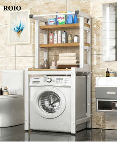 a washer and dryer in a bathroom with the words rolo above it