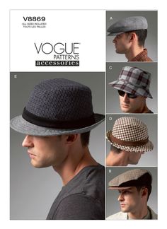 Vogue Pattern V8869 Five lined hats, in sizes Small, Medium, Large and X-Large. B: Contrast side and brim. C, D: Contrast band. E: Contrast brim and band. FABRICS: Wool and Wool Blends, Tweed, Synthetic Leather, Ripstop, Synthetic Suede and Poplin. Lining: Lining Fabric and Cotton/Cotton Blends. Sew-In Interfacing 1 A, B, Sew-In Interfacing C, D, E: Hair Canvas. Interfacing 2 A, B: Buckram or Plastic Canvas. Unsuitable for obvious diagonals. NOTIONS: A, B, C, D, E: 7/8 yd. of 1" Grosgrain Ribbon. Size Combinations: [S(221/4"), M(23"), L(233/4"), XL(241/2")] All sizes in one envelope. New and Unused. Mens Hat Pattern, Mens Fedora Hat, Hair Canvas, Mens Sewing Patterns, Hat Sewing, Sewing Templates, Ivy Cap, Vogue Men, Hat Patterns To Sew