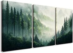 three canvases with trees and fog in the background