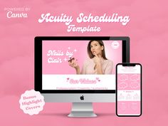 a computer, phone and tablet on a pink background with the words acquity scheduleing template