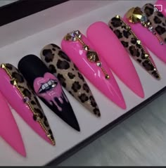 Elegant Bling Nails, Leopard And Pink Nails, Lip Nail Designs, Hot Pink Leopard Nails, Hot Pink Nails With Rhinestones, Hot Pink Bling Nails, Hot Pink And Black Nails Acrylics, Hot Pink Nail Art, Lip Nails