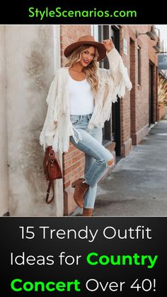 Heading to a country concert and over 40? Check out these 15 trendy outfit ideas that blend classic country style with modern flair. From chic flowy dresses and tailored jeans to stylish boots and statement accessories, these looks are designed to keep you comfortable and confident. Embrace timeless denim jackets, versatile plaid shirts, and elegant western hats. Whether you prefer a laid-back, casual vibe or something a bit more polished, these outfit ideas will help you rock your country concert experience in style. #CountryConcertFashion #Over40Style #TrendyOutfits #CountryChic Country Concert Outfits Women Over 50, Country Concert Jeans Outfit, Nashville Capsule Wardrobe, Outfit Ideas For Country Concert, Country Concert Outfit Ideas Plus Size, Dressy Country Outfits Women, Country Music Concert Outfit Fall, Cold Weather Country Concert Outfit, Rodeo Outfits For Women Winter