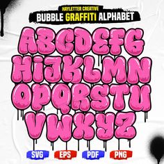 bubble graffiti font and lowercase alphabets in pink, blue, red and black