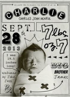 a baby is laying down on a blanket with the birth announcement in front of it