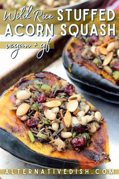 baked acorn squash topped with nuts and cranberries