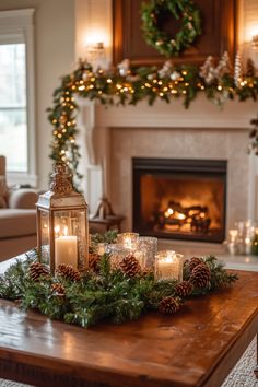 candles are lit on a table in front of a fireplace decorated with greenery and pine cones