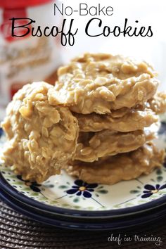 no bake biscoff cookies stacked on top of each other in a plate