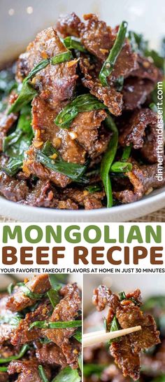 beef and spinach dish in a white bowl with the words easy monongaian beef