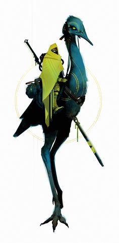 a stylized image of a bird with a person on it's back holding two swords