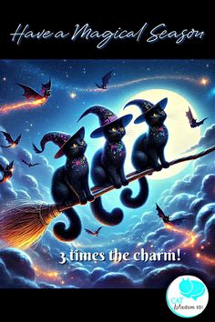 three black cats sitting on top of a broom in front of a full moon and bats