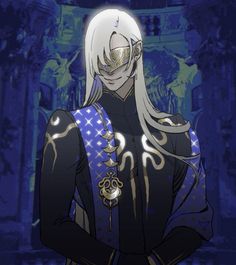 an anime character with long white hair and blue eyes standing in front of a building