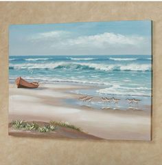 a painting of a boat on the beach with seagulls in the foreground