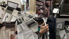 a collage of photographs with various types of papers and laptops on the desk