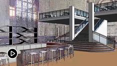 an artistic rendering of the inside of a building with stairs and bars on each floor