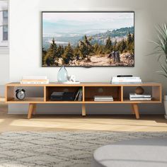 a living room scene with focus on the coffee table and large television screen above it