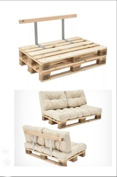 the pallet furniture is made from wood and has two different types of cushions on it