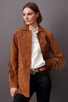 Katie Holmes Style, Quilted Shirt, Fringe Leather Jacket, Turtle Neck Jumper, Suede Fringe, Weekend Wear, Suede Jacket