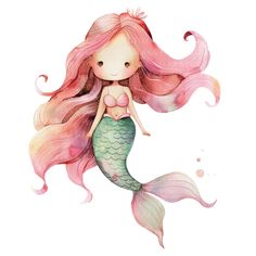 a watercolor drawing of a mermaid with pink hair