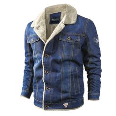 Portrait of a picture displaying Winter Thickened Denim Jacket product. Winter Jeans Jacket, Male Cowboy, Jackets Fashion Casual, Fleece Denim Jacket, Jaket Denim, Cowboy Jacket, Denim Jacket With Fur, Denim Jacket Winter, Jean Jacket Men