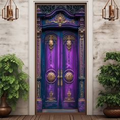 an image of a purple door that is in front of some potted plants