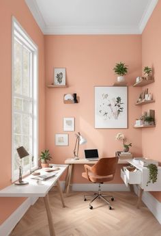 a home office with peach walls and wooden floors, white desks and shelves on the wall