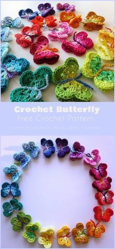 crocheted butterflies are arranged in the shape of hearts