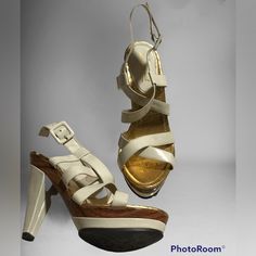 New Without Tags. Anne Michelle Strap Heels With A Unique Faux Wood On Top Of Back Heels And Platform . Some Peeling On Inside Strap Alone Buckle From Being In Storage And A Nick On Front , See Pics . Size 8 1/2 4 1/2” Heel 1” Front Platform Cream Patent Leather Platform Heels, Cream Patent Leather Spring Heels, Cream Patent Leather Heels For Spring, High Heel Cream Patent Leather Sandals, Cream Patent Leather Heels With 4-inch Heel, Cream High Heel Synthetic Heels, Beige Patent Leather Heels With Wrapped Heel, Summer Cream Patent Leather Heels, Cream Patent Leather Heels For Summer