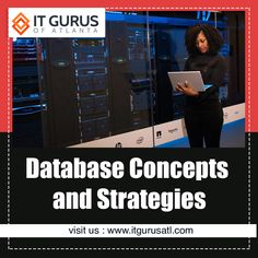 a woman standing in front of servers with the words, database concept and strategies