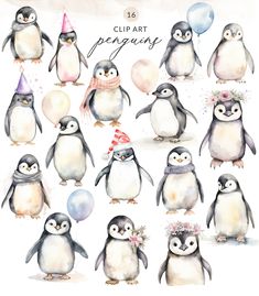 a bunch of penguins with hats and balloons