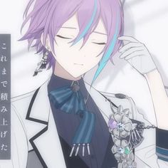 an anime character with purple hair and blue eyes wearing a white coat, holding a necklace