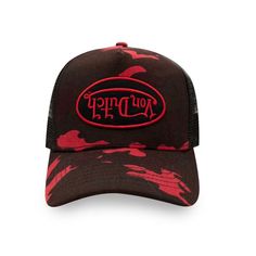 This Classic Snapback Trucker Hat By Von Dutch Features An Iconic Upside Down Black/Red Logo Patch On The Front, A Black Breathable Mesh Rear, And An Adjustable Snapback. - Von Dutch Logo Patch - Breathable Mesh Rear - Curved Bill - Adjustable Snapback Panel - One Size Fits Most - 50% Polyester/ 50% Cotton - Msrp $89 Ships Asap From Smoke Free Home. All Items Are Cross Posted. Make An Offer Today! Topi Vintage, Von Dutch Hat, Camo Trucker Hat, Black Trucker Hat, Red Camo, Von Dutch, Red Logo, Rilakkuma, Cute Hats