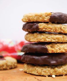 chocolate covered cookies stacked on top of each other