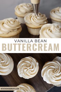 vanilla bean buttercream cupcakes with frosting being piped into them