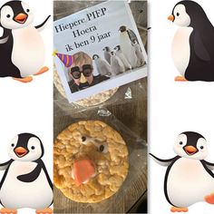 there are penguins standing next to each other and one penguin is holding a sign that says here's pipp