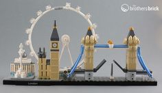 a lego man is standing in front of the london eye with his bucket full of things