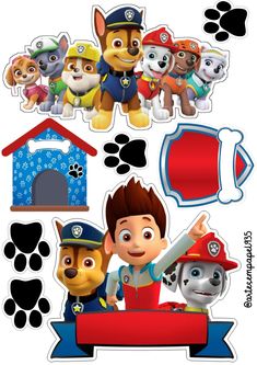 the paw patrol stickers are on display in front of an image of dogs and their owners